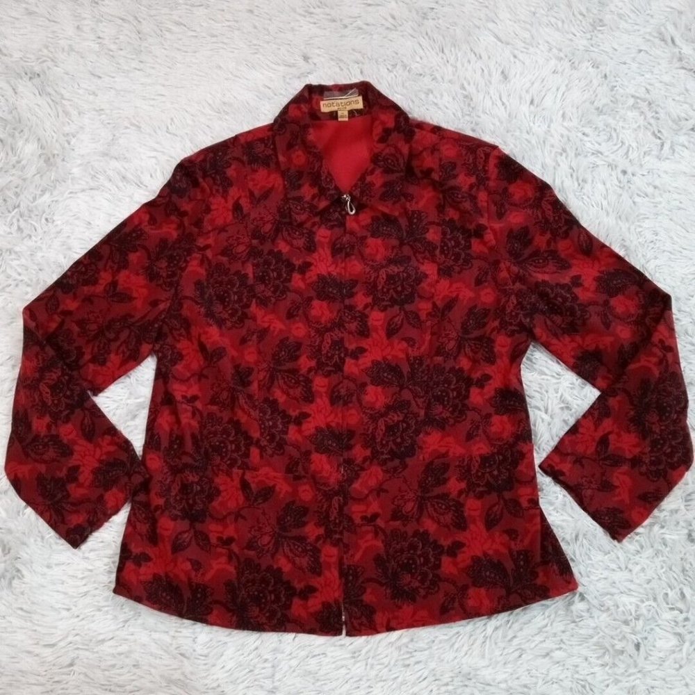 Notations Womens‎ Jacket Red Petite Large Floral Zip Up Shoulder Pads Stretch PL